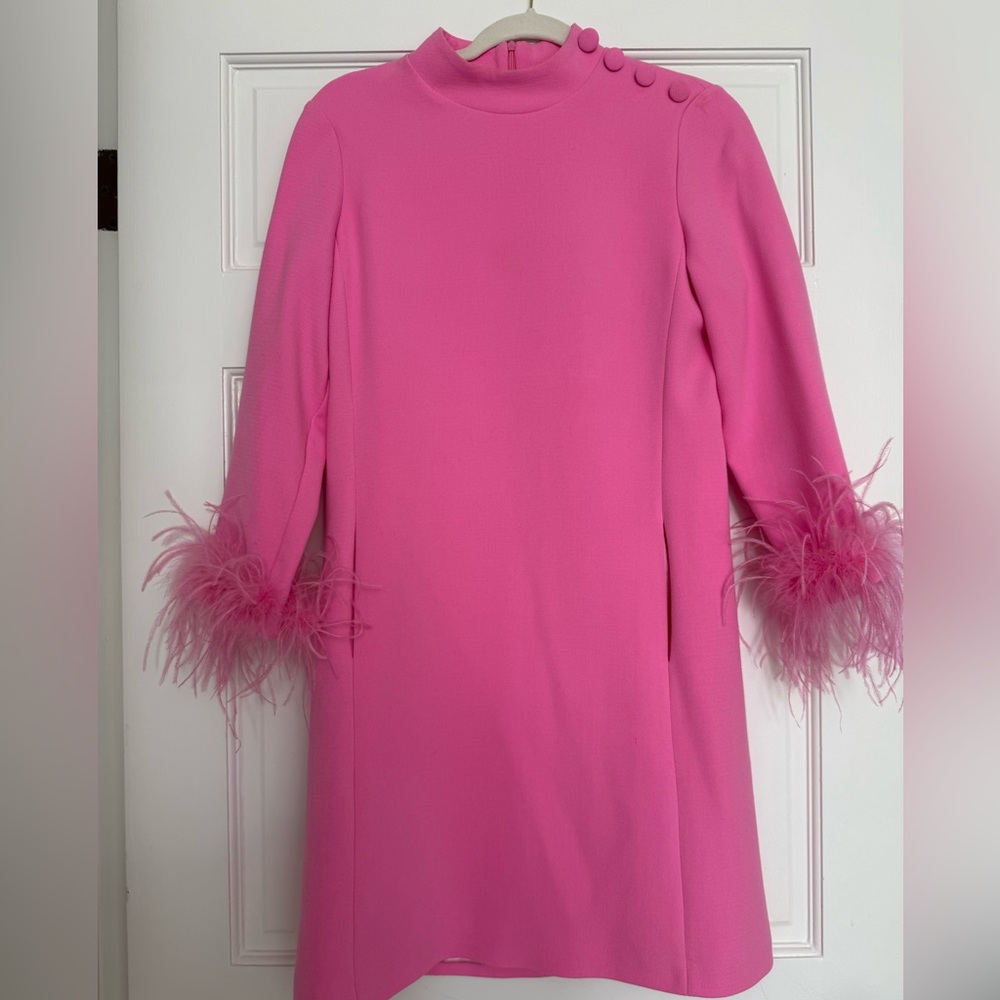 PATTY KIM Hot Pink Long Sleeve Feather Cuff Shift Dress